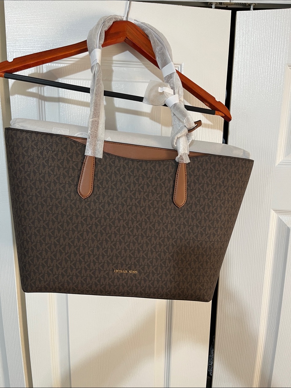 Michael Kors Dark Brown Signature Tote with Tan Trim